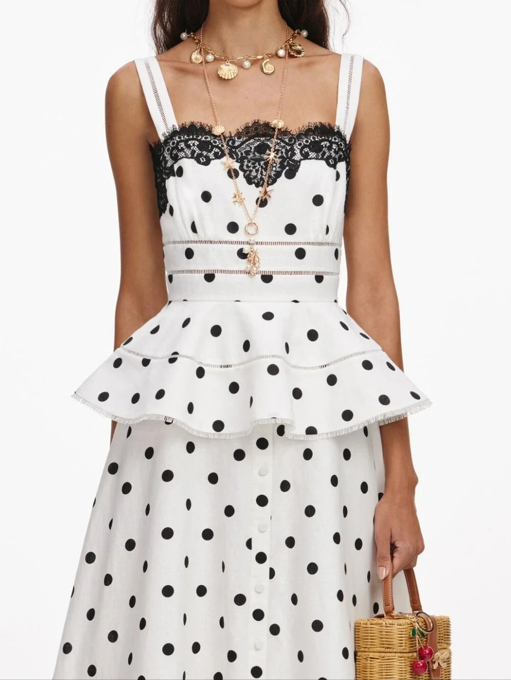 Self Portrait White Polka Dot Linen Midi Dress - Picture 4 of 16